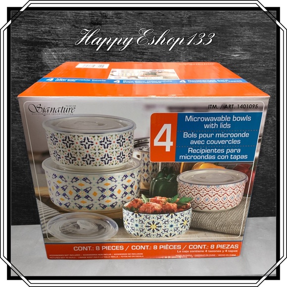 Signature Housewares Stoneware Microwavable Bowls with Lids 8-Piece - Picture 1 of 9